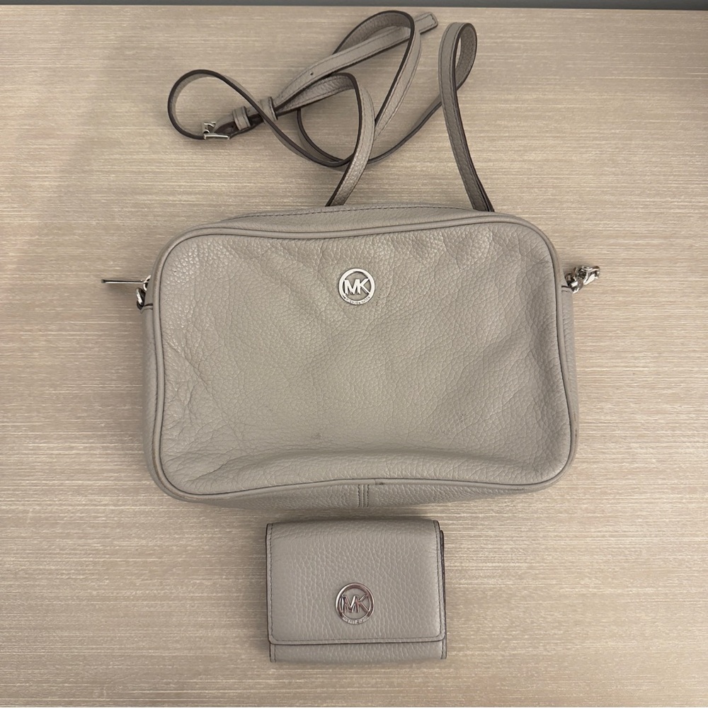 Michael Kors Pebbled Gray Crossbody and Bifold Wallet
